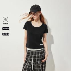 ONLY 26夏季基础撞色大圆领正肩修身短袖T恤可外穿