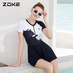 洲克 泳衣女士连体裙摆防晒新款保守泡温泉游泳衣遮肚猫咪女款泳装