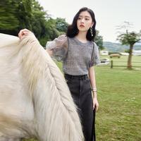 香影 女士网纱泡泡袖镂空针织衫