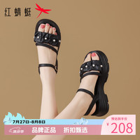 红蜻蜓 女鞋珍珠绑带凉鞋 夏季轻便一字扣带凉鞋休闲百搭女士罗马凉鞋子