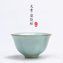灵沐 开片可养喝茶汝窑天青花瓣杯