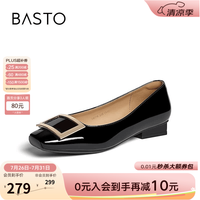 百思图 K6116CQ6 方扣粗跟 黑色宽版