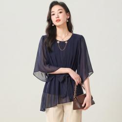 In's 轻奢气质雪纺上衣女夏季薄款微透喇叭袖绑带收腰显瘦百搭通勤衬衣