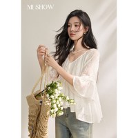 谜秀 法式衬衫女喇叭袖蕾丝上衣2026夏季新品莱赛尔透气慵懒宽松衬衣 白色 S