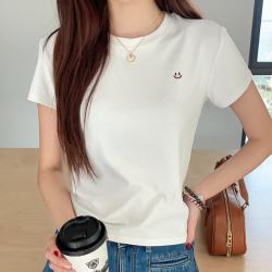 有只绵 笑脸圆领可爱风夏季短袖t恤女正肩上衣半袖弹力修身T恤衫 杏白色 XL 【115-135斤】