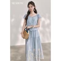 谜秀 格纹套装女2026夏季新品新款木耳边刺绣衬衫半裙两件套 蓝色 蓝格 S