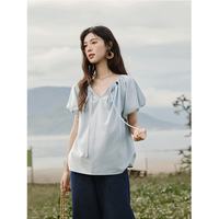 谜秀 复古花苞袖天丝棉莫兰迪色系小衫