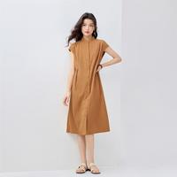 佐丹奴 连衣裙夏季压褶腰带点缀小立领衬衫裙中长款梭织连衣裙女士