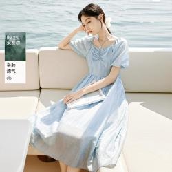 香影 夏装海边度假风方领连衣裙女泡泡袖挂脖系带裙子