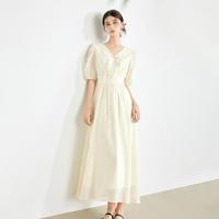米莱达 夏季热卖新中式V领泡泡袖连衣裙女盘口收腰茶歇裙子