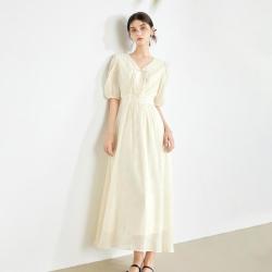 米莱达 夏季热卖新中式V领泡泡袖连衣裙女盘口收腰茶歇裙子