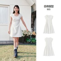 森马 连衣裙女夏季U领纯色褶皱短袖短裙2026新款简约风设计感裙子