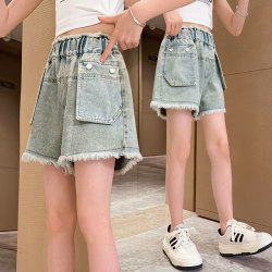 绵考拉 2026女童夏季刺绣牛仔五分裤潮松紧腰儿童宽松中裤新中式牛仔裤薄