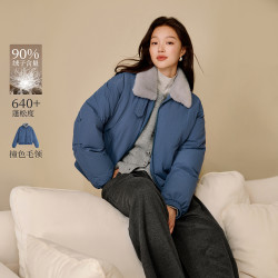 茵曼 女士冬季毛领羽绒服时尚拼接立领短款面包服外套