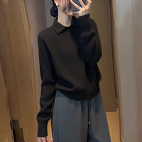 牧诗希 Musixi 牧诗希 女士针织衫 黑色翻领长袖春季新款