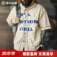 马登 工装 美式复古开襟棒球衫Vibe撞色字母短袖衬衣男士Vintage衬衫夏 白灰色 L