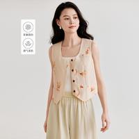 茵曼 女士亚麻印花马甲 夏季通勤短款马夹