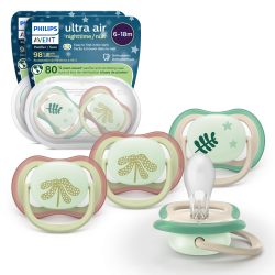AVENT 婴儿安抚奶嘴 正畸设计 6-18月 夜光功能 柔软硅胶对称奶嘴 BPA-Free 含2个消毒盒 4件装