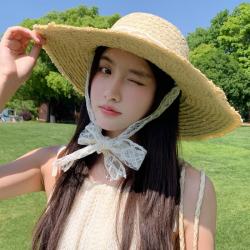 赫卡维 韩版蕾丝飘带草帽