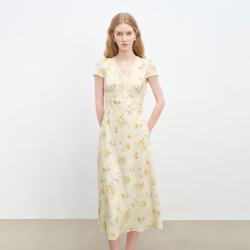 自巧 小个子温柔感印花连衣裙2026夏季女新款高级感收腰显瘦中长裙子
