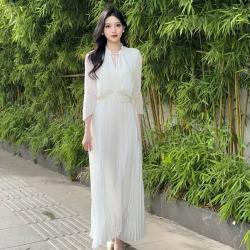泽灵 白色百褶连衣裙夏季纯色假两件设计收腰显瘦仙女长裙