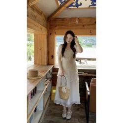 大婉酱 微胖大码分割网纱连衣裙26女夏新款绝美A字长裙子