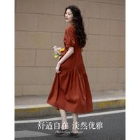 德玛纳 女式法式多巴胺圆领碎褶泡泡袖A字中长款连衣裙