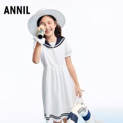 安奈儿 童装女童短袖连衣裙2026夏新款 米白 160