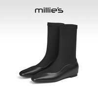 Millie's millies妙丽弹力靴女2026新款秋冬方头内增高短靴瘦瘦靴包腿袜靴