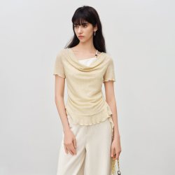 自巧 小个子设计感荡领假两件T恤女2026夏新款荷叶边飘带短袖上衣