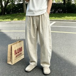 月伊纺 棉麻休闲裤男款2026夏季宽松直筒裤青年百搭阔腿运动裤潮流弯刀裤