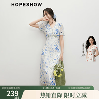 红袖 碎花连衣裙2025夏季女装收腰V领气质雪纺茶歇裙 白底蓝花674 M