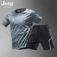 JEEP SPIRIT 吉普运动套装男冰丝速干衣t恤跑步短袖短裤夏季羽毛球训练服 灰色套装 XL