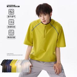月伊纺 新款夏季宽松大码半拉链短袖t恤男吸湿速干哈苏线运动短袖体恤衫