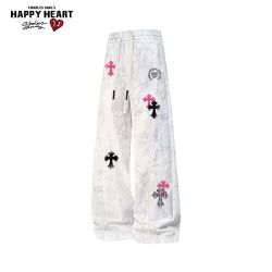 CHARLES JANG'S HAPPY HEART 十字架印花扎染直筒裤男女夏季2026新款宽松百搭休闲裤