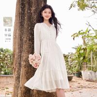 秋水伊人 气质百搭连衣裙女时尚通勤V领绑带A字裙子