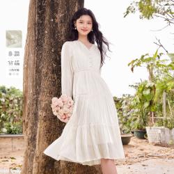 秋水伊人 气质百搭连衣裙女时尚通勤V领绑带A字裙子