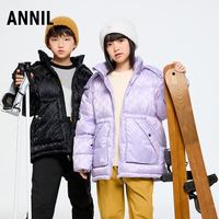 安奈儿 童装男童女童短款羽绒服冬纯色户外保暖轻薄防风 紫调花 130 cm