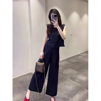 韩璐娇 休闲裤女装套装2026夏季新款洋气显瘦一整套减龄无袖上衣阔腿裤子 蓝色两件套 S
