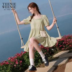TEENIE WEENIE 小熊曼波公主裙法式方领白色连衣裙女 浅绿色 L (170)