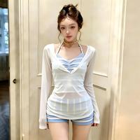南木熊 泳衣女条纹分体罩衫遮肉保守纯欲海边度假温泉泳装 蓝白条纹罩衫三件套泳衣 均码