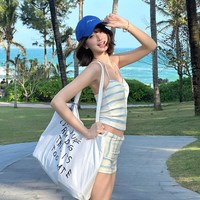 南木熊 泳衣女小清新条纹挂脖少女分体比基尼性感显瘦小胸纯欲度假温泉 蓝白条纹两件套