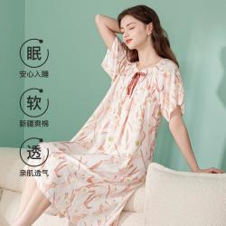 芬腾 女士夏季方领插肩短袖蝶结套头家居服睡裙