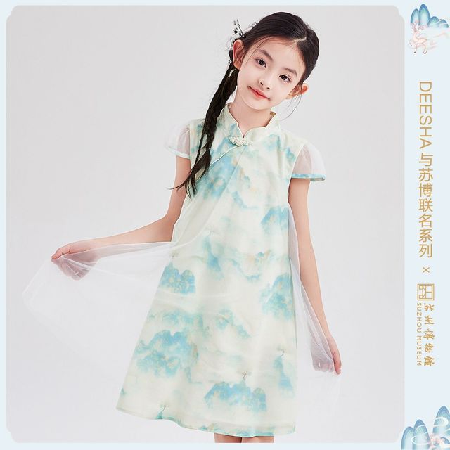 笛莎 网纱汉服山水 温婉旗袍裙笛莎女童26春夏中大童薄款连衣裙