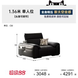 帕沙曼 2494ZP-直排皮 头层牛皮沙发 1.36米 单人位 新太空坐感