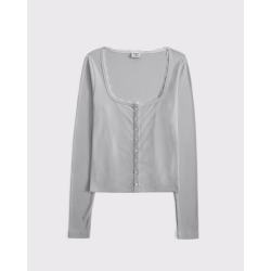 Abercrombie & Fitch 139-5708 方领罗纹小麋鹿图案 浅灰色 XL 女士T恤