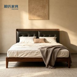 赖氏 家具真皮实木床家用实木大床黑胡桃实木床双人床