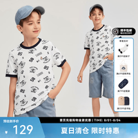 暇步士 童装儿童男童2026春夏新款帅气有型满印马术图案圆领T恤 本白 150 cm