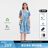 暇步士 童装儿童女童2026春夏新款印花拼接舒适半袖连衣裙 蓝牛仔 130 cm