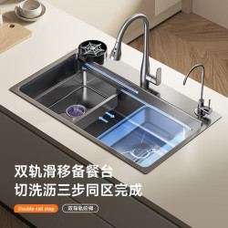 JMRUWN 洗菜盆5MM瀑布飞雨厨房水槽大单槽数显304不锈钢小米粒 75*46普通集渣款耐磨耐刮